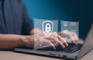 Login on a notebook. Businessmen protecting personal data on laptop and virtual interfaces. User authentication system with username and password, Information, Encryption or Cyber security concept.